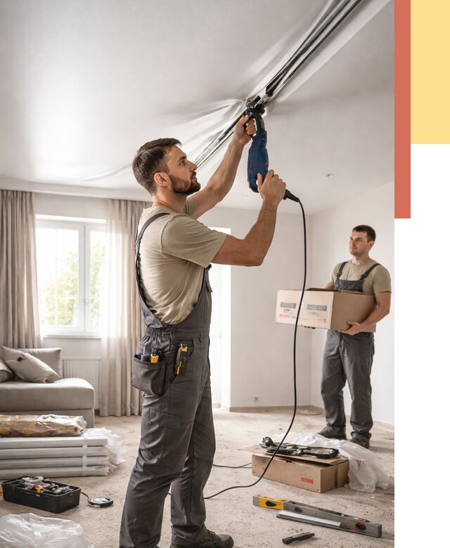 Монтаж сатинового натяжного потолка в Белореченске от 3550 руб. | Быстро, недорого — ОТДЕЛОЧНИК-Блч