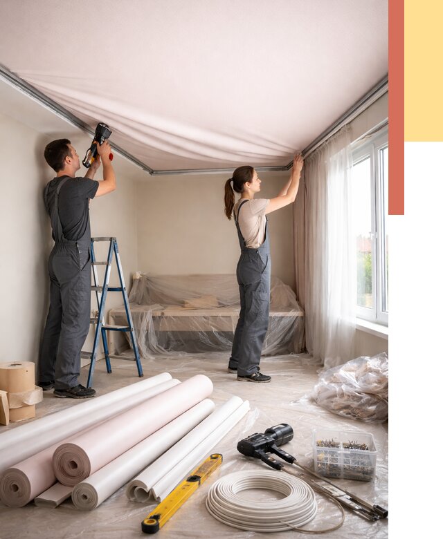 Монтаж цветного натяжного потолка в Белореченске от 4260 руб/м² — быстро и недорого | ОТДЕЛОЧНИК-Блч