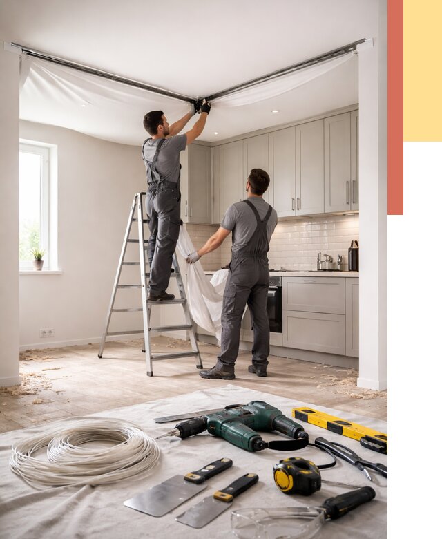 Установка натяжного потолка на кухне в Белореченске от 2435 руб. | ОТДЕЛОЧНИК-Блч