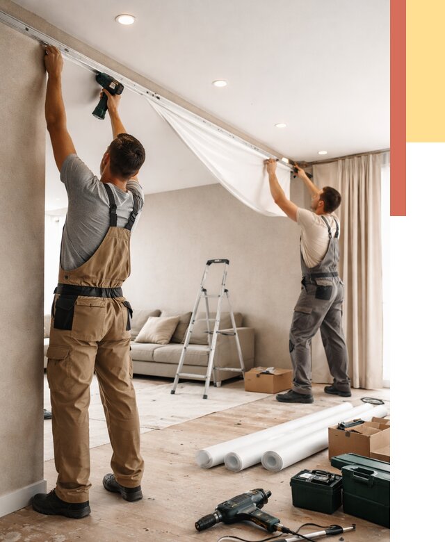 Монтаж натяжного потолка в гостиной в Белореченске от 558 руб. | ОТДЕЛОЧНИК-Блч